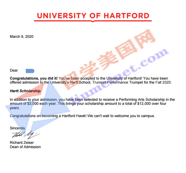 恭喜留美网l同学斩获university of hartford(哈特福德大学)的录取